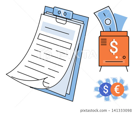 Clipboard with documents and money icons vector illustration. Accounting, finance, banking, investment, budget, commerce. Paperwork with cash and currency signs for financial management Clipboard with documents and money icons vector illustration. Accounting, finance, banking, investment, budget, commerce. Paperwork with cash and currency signs for financial management 141333098