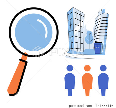 Magnifying glass with city buildings and people icons vector illustration. Urban planning, population research, demographic analysis, real estate, community development, social study. Search tool Magnifying glass with city buildings and people icons vector illustration. Urban planning, population research, demographic analysis, real estate, community development, social study. Search tool 141333116