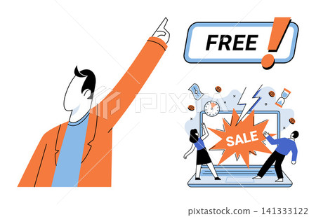 Man pointing up with free sign and people shopping on laptop vector illustration. Marketing, e-commerce, discount, promotion, retail, consumerism. Person gesturing towards promotional offer Man pointing up with free sign and people shopping on laptop vector illustration. Marketing, e-commerce, discount, promotion, retail, consumerism. Person gesturing towards promotional offer 141333122