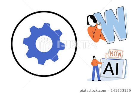 Gear icon and people working with AI technology vector illustration. Software development, digital transformation, machine learning, automation, technical support, innovation. Cogwheel symbol Gear icon and people working with AI technology vector illustration. Software development, digital transformation, machine learning, automation, technical support, innovation. Cogwheel symbol 141333139