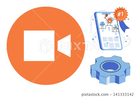Video camera icon with mobile app ranking and gear cog wheel vector illustration. Digital media, software development, user interface, technical support, mobile marketing, settings. Movie symbol 141333142