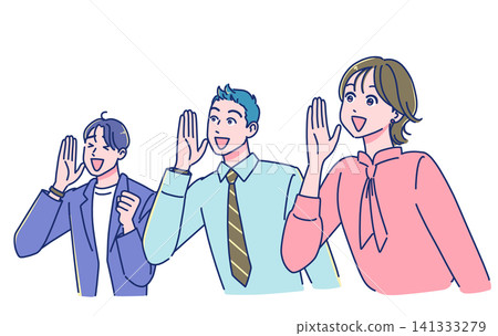 年輕的動漫風格上班族們面帶笑容地歡呼雀躍。 年輕的動漫風格上班族們面帶笑容地歡呼雀躍。 141333279