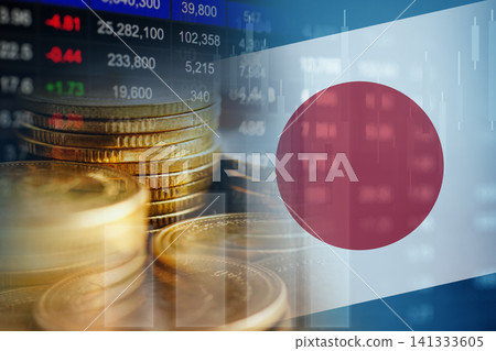 Japan flag with stock market finance, economy trend graph digital technology. Japan flag with stock market finance, economy trend graph digital technology. 141333605