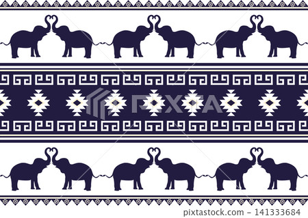 Traditional Blue and White Elephant and Diamond Pattern. Elephants in Thailand ethnic style. Design for clothing, textile, wrapping, pant, background, wallpaper, carpet, shirt Traditional Blue and White Elephant and Diamond Pattern. Elephants in Thailand ethnic style. Design for clothing, textile, wrapping, pant, background, wallpaper, carpet, shirt 141333684