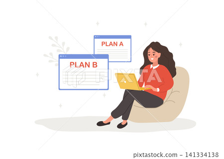 Plan B concept. Strategic planning and decision making with woman choosing between plan A and plan B for her business success. Vector illustration in flat cartoon style 141334138