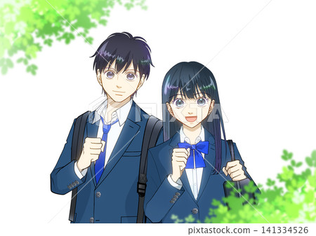 An anime-style illustration of students surrounded by a blue sky and greenery (green leaves in front of the figures) on a white background. An anime-style illustration of students surrounded by a blue sky and greenery (green leaves in front of the figures) on a white background. 141334526