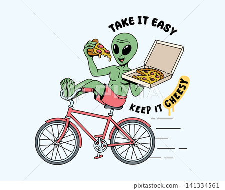 alien eating pizza while riding a bike illustration alien eating pizza while riding a bike illustration 141334561