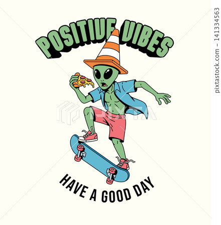 alien eating pizza while skateboarding illustration 141334563