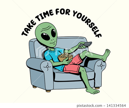 alien eating snacks and holding remote illustration alien eating snacks and holding remote illustration 141334564