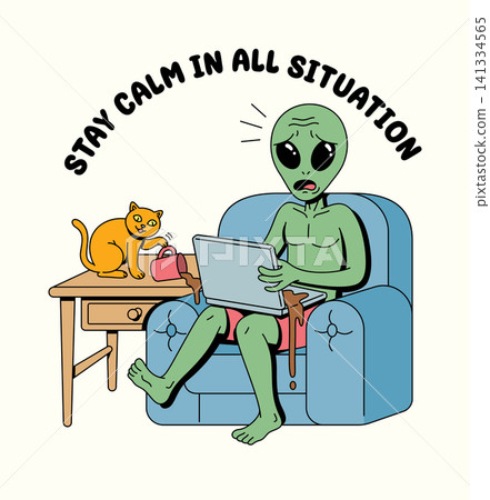 alien is sad because coffee was spilled on his laptop illustration alien is sad because coffee was spilled on his laptop illustration 141334565