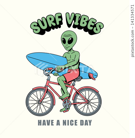 alien riding a bicycle while carrying a surfboard illustration 141334571