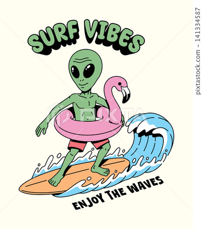 aliens surfing on the waves illustration aliens surfing on the waves illustration 141334587