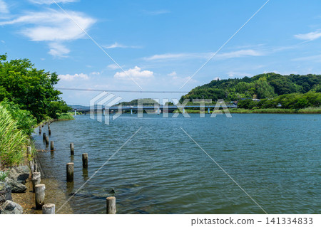 陽光明媚的夏日,靜岡縣濱松市宮古田川河口附近的水面。 陽光明媚的夏日,靜岡縣濱松市宮古田川河口附近的水面。 141334833