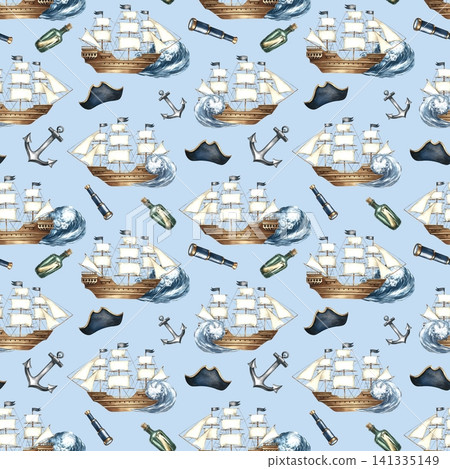 Seamless pattern with sailing ships, anchors, and sailor accessories. Hand-drawn watercolor illustrations. On a blue background. Perfect for textiles, wrapping paper, packaging, backgrounds, and more. Seamless pattern with sailing ships, anchors, and sailor accessories. Hand-drawn watercolor illustrations. On a blue background. Perfect for textiles, wrapping paper, packaging, backgrounds, and more. 141335149