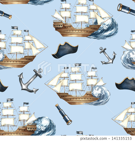 Seamless pattern with sailing ships, anchors, and sailor accessories. Hand-drawn watercolor illustrations. On a blue background. Perfect for textiles, wrapping paper, packaging, backgrounds, and more. Seamless pattern with sailing ships, anchors, and sailor accessories. Hand-drawn watercolor illustrations. On a blue background. Perfect for textiles, wrapping paper, packaging, backgrounds, and more. 141335153
