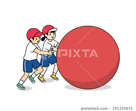 An illustration of a boy and a girl rolling a giant ball (at a school sports day). 141335631