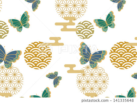 Green butterfly and Japanese pattern Japanese modern background material Green butterfly and Japanese pattern Japanese modern background material 141335648