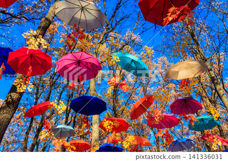 Multicolored umbrellas on the autumn park. Colorful umbrellas hanging among trees in the fall Multicolored umbrellas on the autumn park. Colorful umbrellas hanging among trees in the fall 141336031