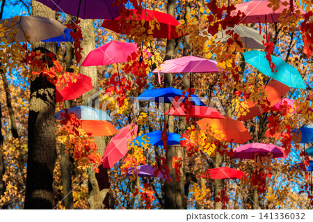 Multicolored umbrellas on the autumn park. Colorful umbrellas hanging among trees in the fall Multicolored umbrellas on the autumn park. Colorful umbrellas hanging among trees in the fall 141336032