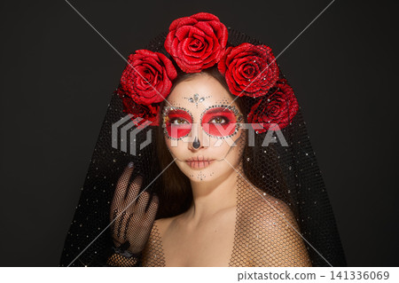Portrait of a woman with makeup sugar skull Portrait of a woman with makeup sugar skull 141336069