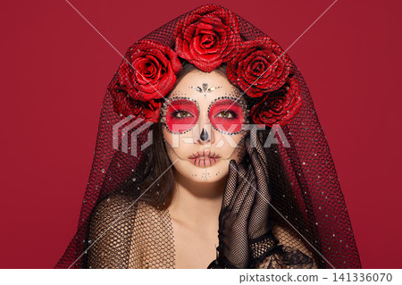 Portrait of a woman with makeup sugar skull Portrait of a woman with makeup sugar skull 141336070