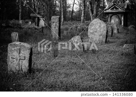Old stone gravestones in the old abandoned cemetery. Black and white tone Old stone gravestones in the old abandoned cemetery. Black and white tone 141336080