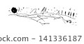 [Transparent Background] Panoramic monochrome hand-drawn line art of a car driving under the night sky 141336187