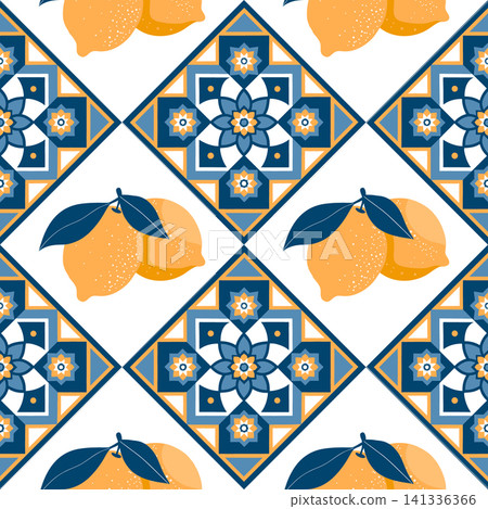 Mediterranean Lemon Geometric Seamless Pattern Background in blue and yellow colors. 141336366