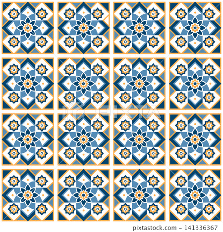 Mediterranean Geometric Seamless Pattern. Moroccan tile mosaic. Spanish porcelain. Ceramic tableware, folk print. Background in blue and yellow colors. Mediterranean Geometric Seamless Pattern. Moroccan tile mosaic. Spanish porcelain. Ceramic tableware, folk print. Background in blue and yellow colors. 141336367
