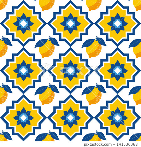 Mediterranean Lemon Geometric Seamless Pattern Background in blue and yellow colors. Mediterranean Lemon Geometric Seamless Pattern Background in blue and yellow colors. 141336368