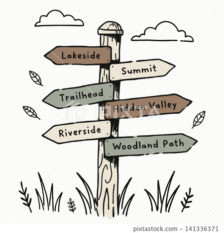 Wooden Signpost with Directional Signs, Hand Drawn Illustration. Wooden Signpost with Directional Signs, Hand Drawn Illustration. 141336371