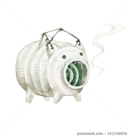 Pig-shaped mosquito coil holder, summer, watercolor illustration 141336659