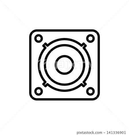 Linear icon of a dual-driver low-frequency subwoofer enclosure for deep bass sound. Linear icon of a dual-driver low-frequency subwoofer enclosure for deep bass sound. 141336901