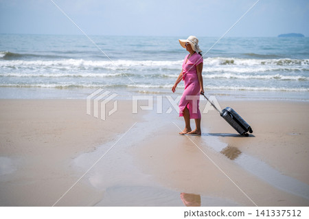 Young woman in pink dress and large straw hat walking with a rolling suitcase on reflective wet sand at beach with sea and sky mirrored in puddles below. Artistic travel concept 141337512