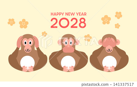 Three wise monkeys for New Year 2028 card template Three wise monkeys for New Year 2028 card template 141337517