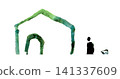 [Transparent Background] Green hand-painted watercolor set featuring a house, a person, and a dog. 141337609