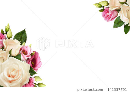 White roses and pink eustoma flowers in corner floral arrangements isolated on white 141337791