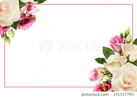 White roses and pink eustoma flowers in corner floral arrangements with pink frame isolated on white White roses and pink eustoma flowers in corner floral arrangements with pink frame isolated on white 141337795