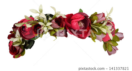 Red rose flowers in a beautiful artificial wreath isolated on white background 141337821