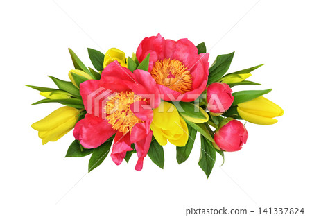 Coral peonies and yellow tulip flowers in a floral arrangement isolated on white background Coral peonies and yellow tulip flowers in a floral arrangement isolated on white background 141337824