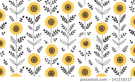 Seamless handcrafted Nordic folk floral pattern simple rounded yellow flowers Background Seamless handcrafted Nordic folk floral pattern simple rounded yellow flowers Background 141338317