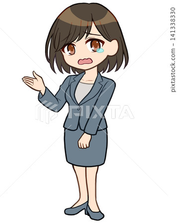 一幅插圖,描繪了一個穿著西裝的女孩在指路(哭泣)。 一幅插圖,描繪了一個穿著西裝的女孩在指路(哭泣)。 141338330