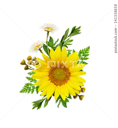 Sunflower and wild flowers in a summer floral arrangement isolated on white background Sunflower and wild flowers in a summer floral arrangement isolated on white background 141338658
