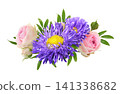 Purple aster flowers and pink roses with eucalyptus green leaves in a floral arrangement isolated on white background 141338682