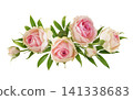 Small pink rose flowers and green eucalyptus leaves in a floral arrangement isolated on white background 141338683