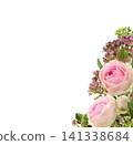 Small pink rose flowers and hylotelephium telephium in a corner arrangement isolated on white background 141338684