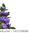Purple aster flowers and green leaves of ruscus in an autumn corner floral arrangement isolated on white 141338686