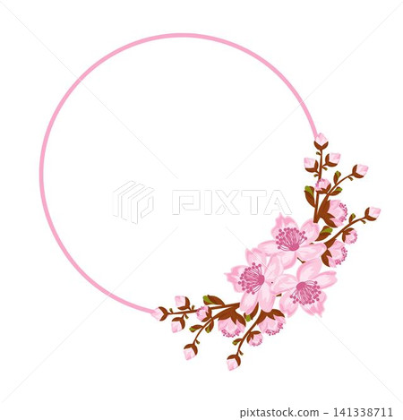 Circular frame with arrangement of twigs sakura or cherry blossom. Design for invitation or greeting cards Circular frame with arrangement of twigs sakura or cherry blossom. Design for invitation or greeting cards 141338711