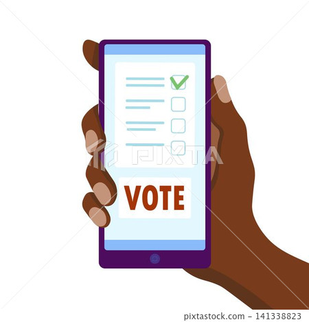 Male hand holding smartphone with vote button. Voting paper on phone screen. Political election campaign. Voting online concept Male hand holding smartphone with vote button. Voting paper on phone screen. Political election campaign. Voting online concept 141338823