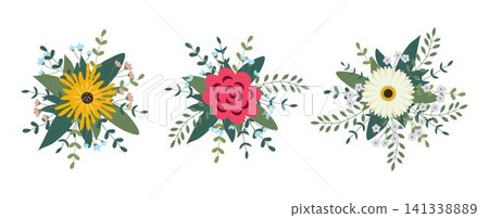 Set of flowers arrangement isolated on background. Flat illustration. Perfect for cards, invitations, decorations, logo, various designs Set of flowers arrangement isolated on background. Flat illustration. Perfect for cards, invitations, decorations, logo, various designs 141338889